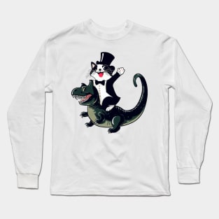 Happy cat riding a dinosaur vector funny design for cats and dinosaurs lovers Long Sleeve T-Shirt